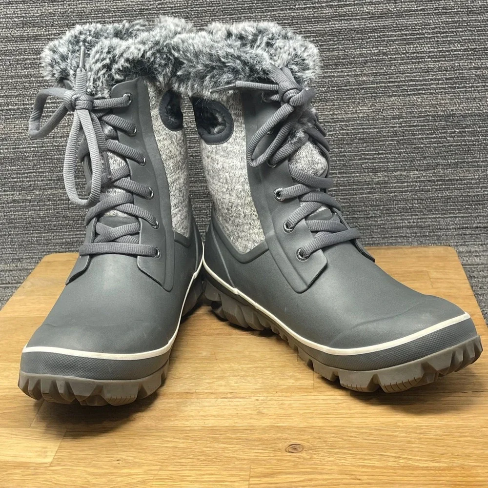Bogs Arcata Knit Winter Boots Women 8 Gray  Waterproof Faux Fur Insulated Snow